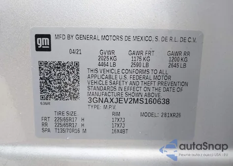 2021 Chevrolet Equinox Lt из США, поврежденный, VIN 3GNAXJEV2MS160638